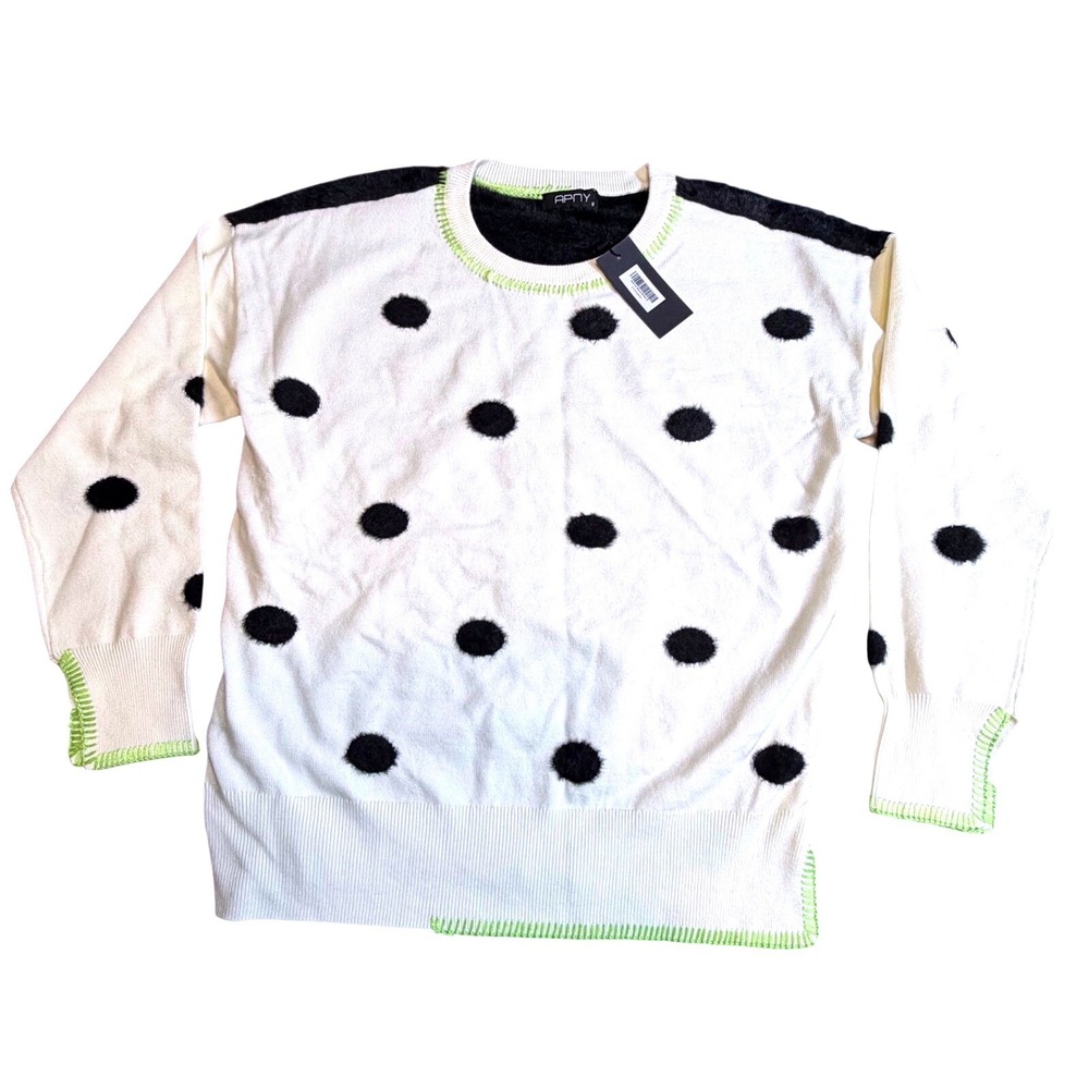 APNY Womens Fuzzy Polka Dot Sweater Black White Lime Green Stitching‎ M NEW